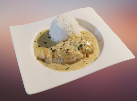 Zwiebel Sahne Hähnchenbrust mit Reis