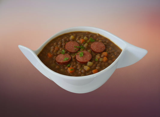 Lentil stew with meat and crackers